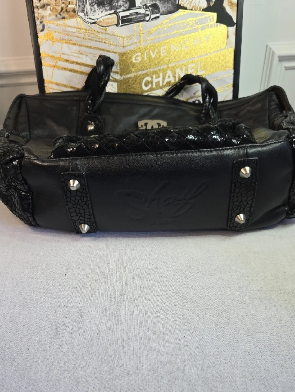Sharif 1827 Black Braided-Handle Tote with Woven Front - Picture 6 of 10